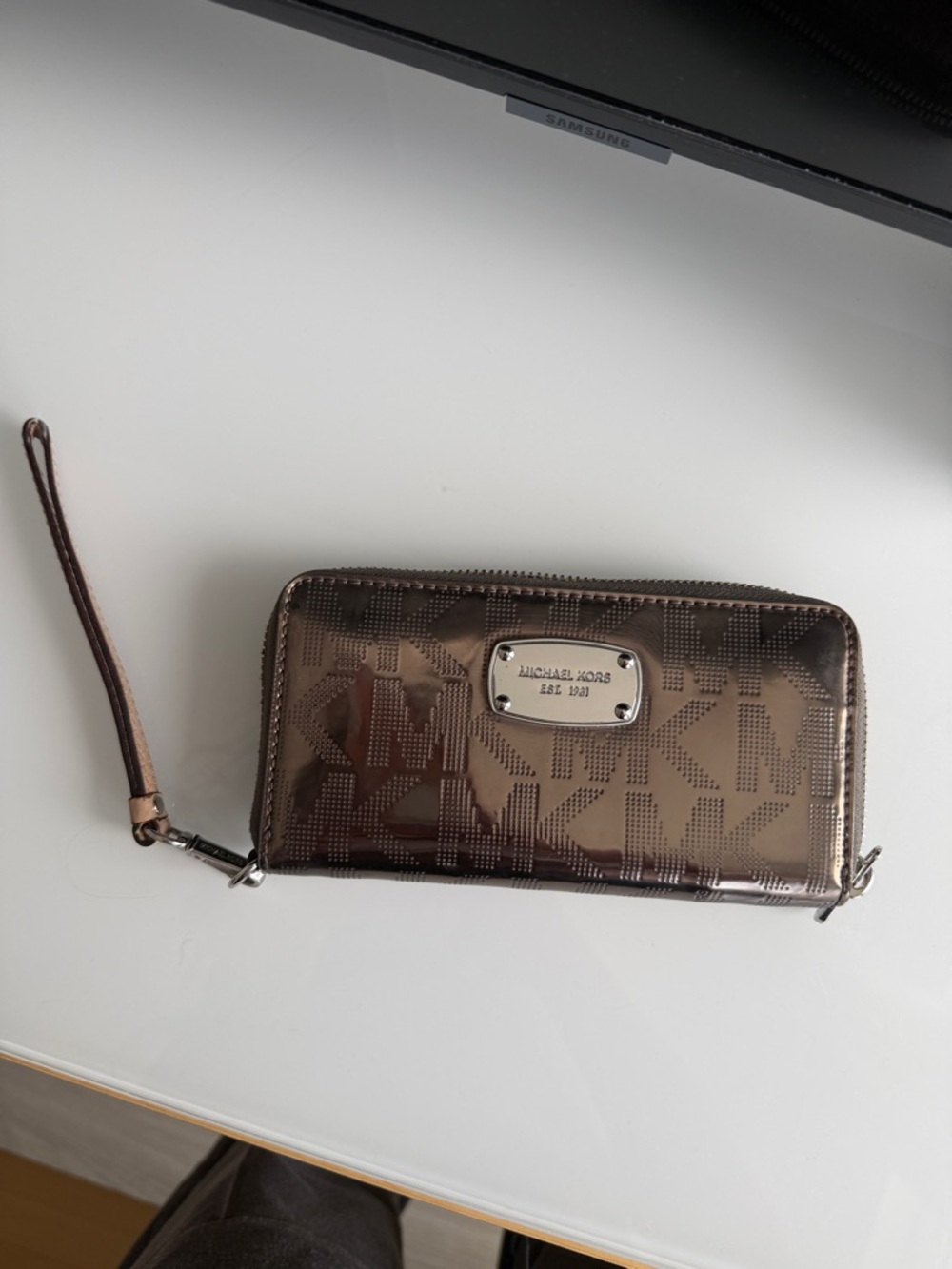 Michael Kors Metallic Bronze Logo Zip Wristlet